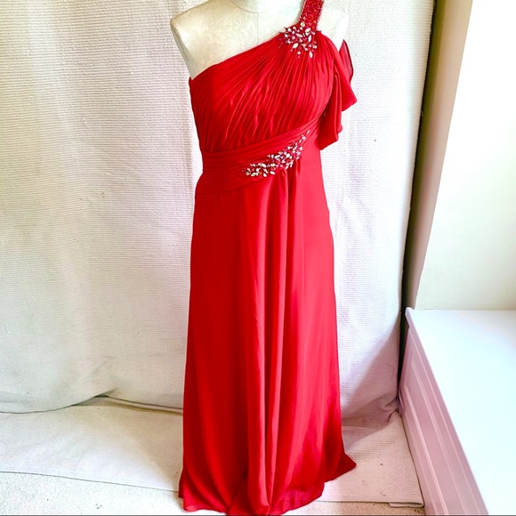 Vintage Dresses & Skirts - M Chiffon One Shoulder Long Formal Prom Dress Red